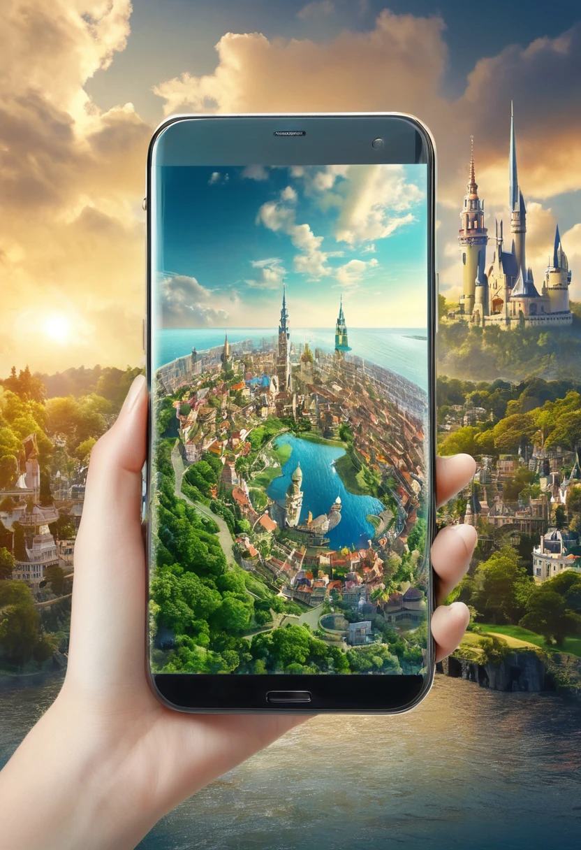 It's very realistic, with a smartphone in your hand and a oid map displayed on the smartphone screen, There is a part of a magical city that looks like a fairy tale in the depths of the image, outdoor