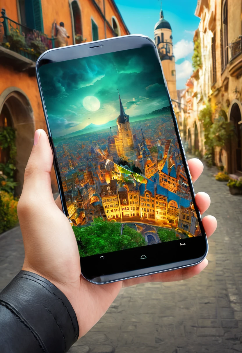 It's very realistic, with a smartphone in your hand and a oid map displayed on the smartphone screen, There is a part of a magical city that looks like a fairy tale in the depths of the image, outdoor