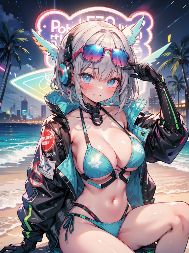 score_9, score_8_up, score_7_up, source_anime,masterpiece, best quality, high resolution, extremely detailed CG, absurdres, highres, 1girl, Shot of a futuristic cyberpunk beach scene at night. The subject, wearing a bikini and jacket combo with a glittery swimsuit underneath, strikes a pose close-up, looking directly at the viewer with a cheeky grin. A mecha arm and headgear adorn their body, with neon lights flashing beneath the surface. Sunglasses perch atop their head, reflecting the bright lights of the beach's neon decorations, ((beach)), neon punk, shiny, sexy body, large_breasts, sitting, (neon lights on swimsuit), ((vapor wave))