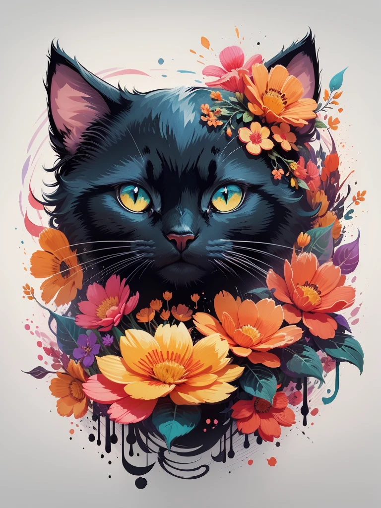 colorful flower ready vector t-shirt art of a cute black cat, frontal perspective, action photo, Color Vibrant, high détail, White background, Logo design, neo traditional tattoo style, 2d, flat vector, design of character, Fantasyart, watercolor effect, digitalpainting, 8K, sticker