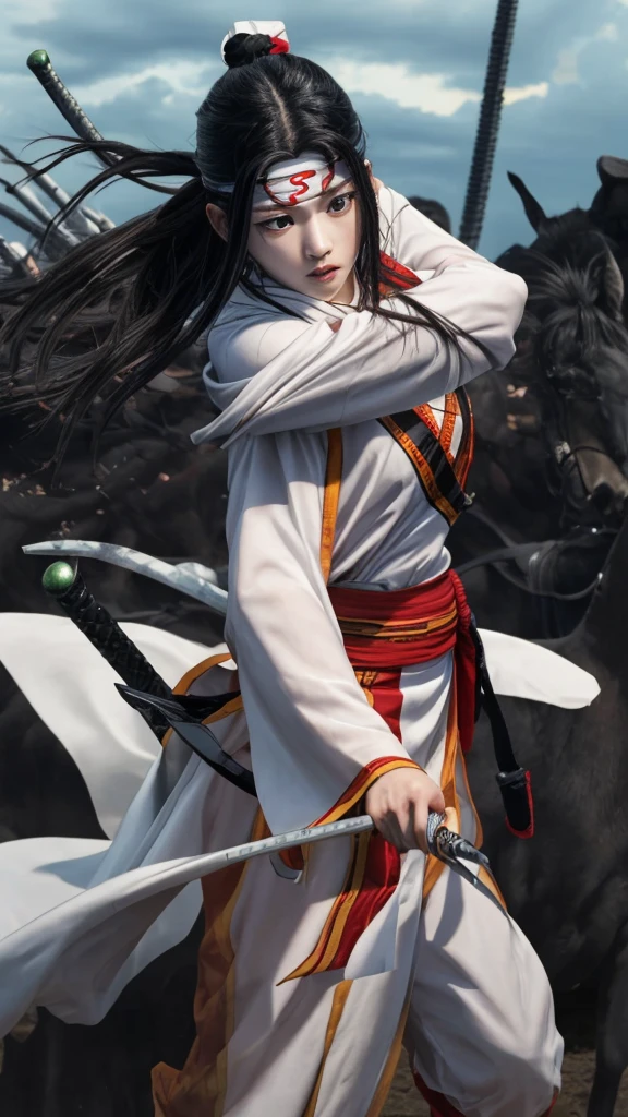 "Create a highly realistic image of a female warrior resembling Kyoukai from the manga series Kingdom. She should have a slender yet athletic build, wearing traditional Chinese armor with intricate details. Her expression is calm and focused, with a mysterious aura. She has long, flowing black hair and is holding a sword in a defensive stance. The background should depict a forest or battlefield with a dramatic sky."