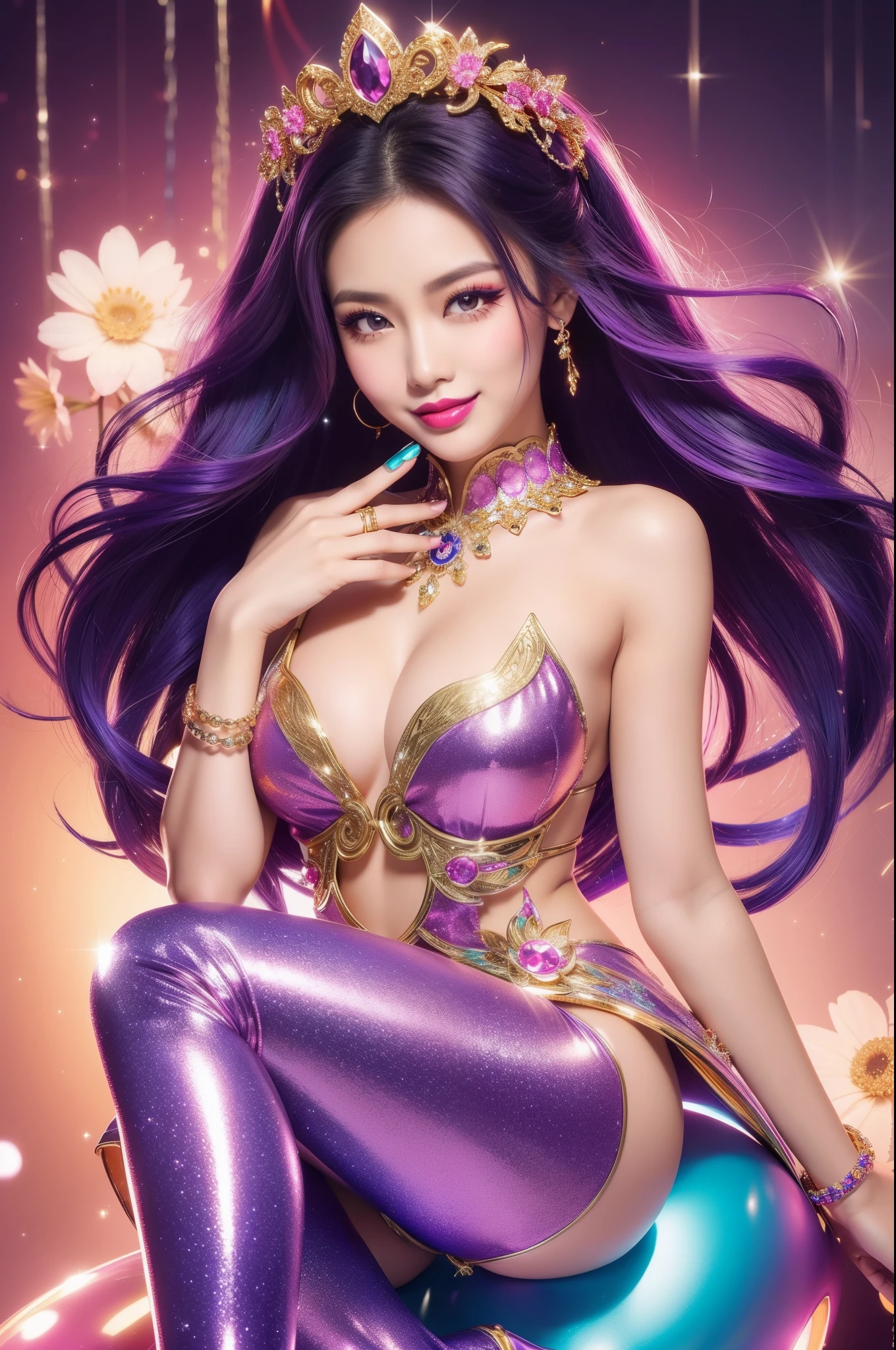 sexy Thai model who controls poison、beautiful smile、lip-gloss、bold lipstick、long lashes、colorful metallic makeup、look at the camera、full body Esbian、、sparkling poisoned flower costume、、、、sparkling Colorful hair、secrete poison、skull hair accessories、sexy tights、shiny sparkling flowers background