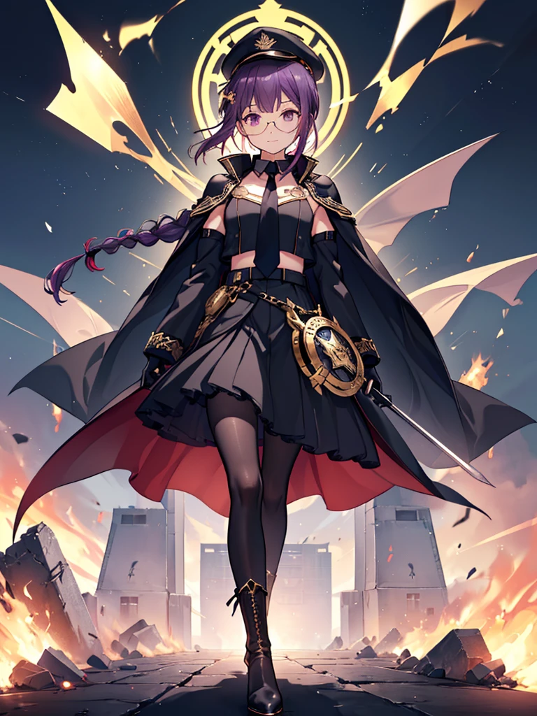 realisitic, City Deserted, Pile of rubble, Brick building, a one woman (18 years old, far away blackw hair, far away slits, Eyes red, glare eyes, 精致的面容, standing (In floor, feet shoulder-width apart), ta style military uniform (blackw base, Red Insert, golden decoration, volantes, wide sleeves, dainty and delicate detailing armors), blackw far away gloves (blackw, Red Insert, golden decoration, small hands, armors), blackw far away gloves, knee high boots (blackw, high-heels, red soles), ha (blackw, aba dourada, shield emblem, delicate details), arms in front, Front of belly, Holding military swords with both hands (blackw, golden decoration, delicate detail, Handle at the top, Ground-facing blade, in front of the body, far away), night sky (blackw, stele, Increased flames and smoke), Pale painting style, One Girl, super high quality, Super Detail, Super Detailed image, long hair, looking at viewer, skirt, shirt, hair ornament, violet eyes, gloves, round glasses, long sleeves, hat, closed mouth, jacket, violet hair, braid, open clothes, necktie, black gloves, black skirt, uniform, single braid, open jacket, black jacket, black headwear, 手链, peaked cap, black necktie, cropped jacket, military hat, pantyhose, Flat Chest, smile, Black Cape