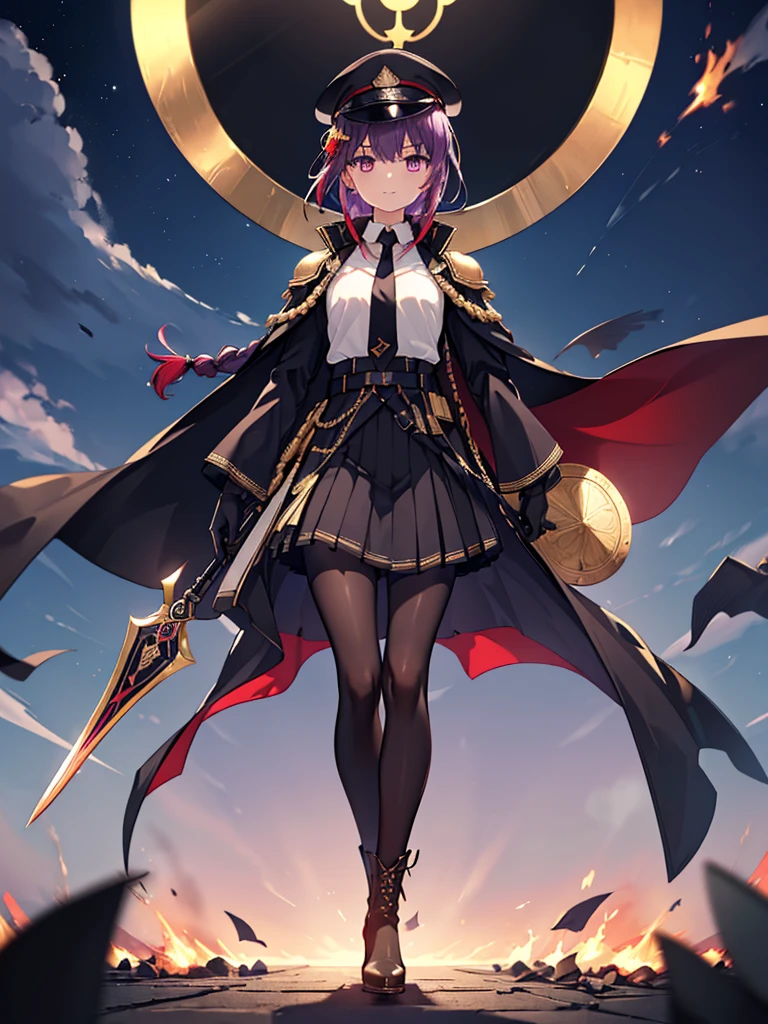 realisitic, City Deserted, Pile of rubble, Brick building, a one woman (18 years old, far away blackw hair, far away slits, Eyes red, glare eyes, 精致的面容, standing (In floor, feet shoulder-width apart), ta style military uniform (blackw base, Red Insert, golden decoration, volantes, wide sleeves, dainty and delicate detailing armors), blackw far away gloves (blackw, Red Insert, golden decoration, small hands, armors), blackw far away gloves, knee high boots (blackw, high-heels, red soles), ha (blackw, aba dourada, shield emblem, delicate details), arms in front, Front of belly, Holding military swords with both hands (blackw, golden decoration, delicate detail, Handle at the top, Ground-facing blade, in front of the body, far away), night sky (blackw, stele, Increased flames and smoke), Pale painting style, One Girl, super high quality, Super Detail, Super Detailed image, long hair, looking at viewer, skirt, shirt, hair ornament, violet eyes, gloves, round glasses, long sleeves, hat, closed mouth, jacket, violet hair, braid, open clothes, necktie, black gloves, black skirt, uniform, single braid, open jacket, black jacket, black headwear, 手链, peaked cap, black necktie, cropped jacket, military hat, pantyhose, Flat Chest, smile, Black Cape