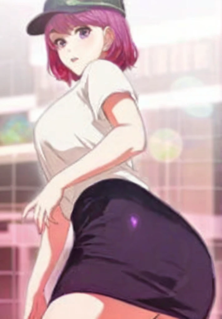 high quality, ultra detailed, masterpiece, realistic, 1girl, purple short hair, white t-shirt, black mini skirt, looking at viewer, from below view