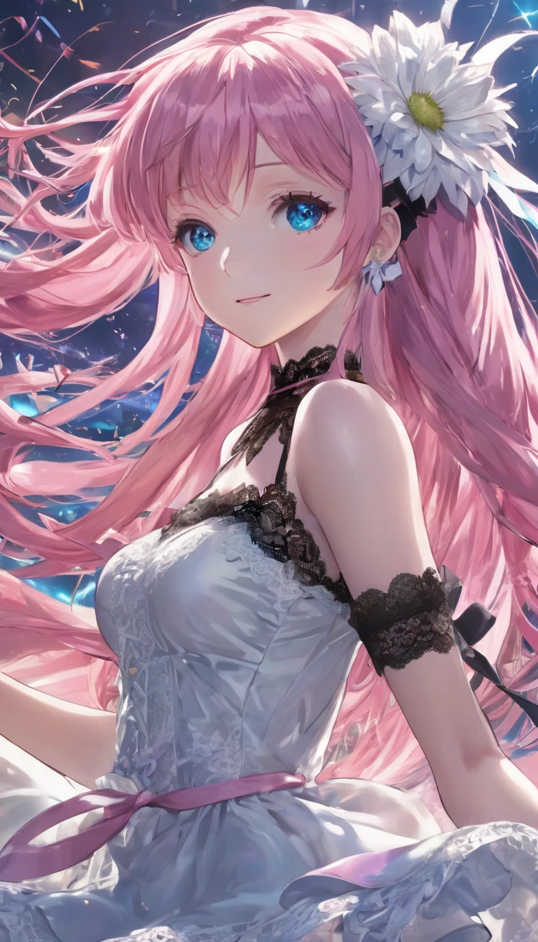 (masterpiece, Very detailed, Exquisite, beautiful, Full HD, High resolution, Absurd), Lilia, A girl with long pink hair, blue eyes, a white dress with black lace, a big pink ribbon on her chest, a white flower hair ornament around her right ear. At a crowded concert, Jumping and singing, evening, dynamic, High angle shot, bright stage lights, Character Energy, Brilliant, Exciting, anime style, attractive anime, pixiv fan art