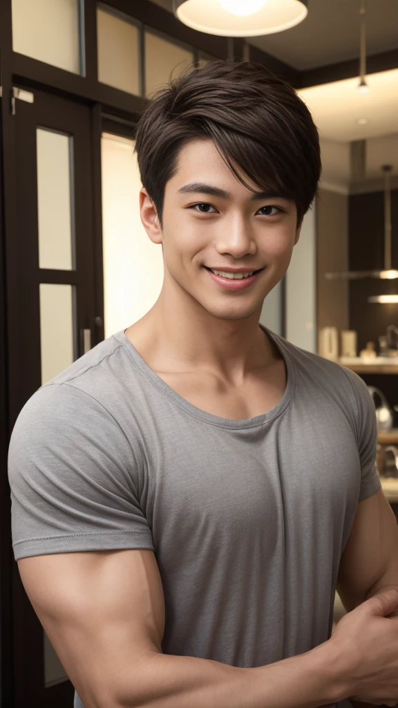 ((Highest quality, 8K, Masterpiece: 1.3))、Cool Thai man, 1A man who has、 yo、Good appearance、Beautiful nose、smile、 Detailed eyes and face、beautiful light、(studio)、high resolution、(Look at the viewer.)、Fine mouth、smile、whole body: 1.5, perfect shape: 1.3, Picture of both shoulders:1.3, Gray round neck t-shirt:1.5