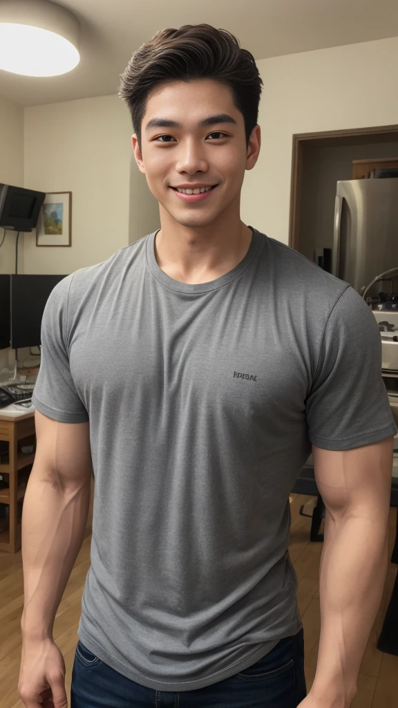 ((Highest quality, 8K, Masterpiece: 1.3))、Cool Thai man, １A man who has、 yo、Good appearance、Beautiful nose、smile、 Detailed eyes and face、beautiful light、(studio)、high resolution、（Look at the viewer.）、Fine mouth、smile、whole body: 1.5, perfect shape: 1.3, Picture of both shoulders:1.3, Gray round neck t-shirt:1.5