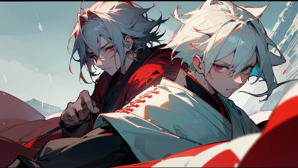 (Highest quality,4K,8K,High resolution,masterpiece:1.2),Super detailed,Gray Hair,Turquoise eyes,Red eye accent,Red rings around the eyes,Pale skin,white haori,1 male,Medium length spiky hair, Adult , Samurai Armor , Detailed Background , Village Background , snowy Village Background