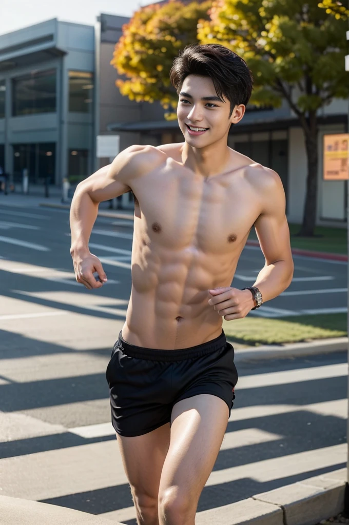 (Masterpiece,best quality:1.2),model, alone, 1 person,20 year old male,young people,handsome,Asian Models,black hair,short hair,smile,Sexy breasts,6 pack abs,sexy figure,Early morning,A boy is running on the stadium tracks.,The wind is blowing,autumn leaves,whole body view,