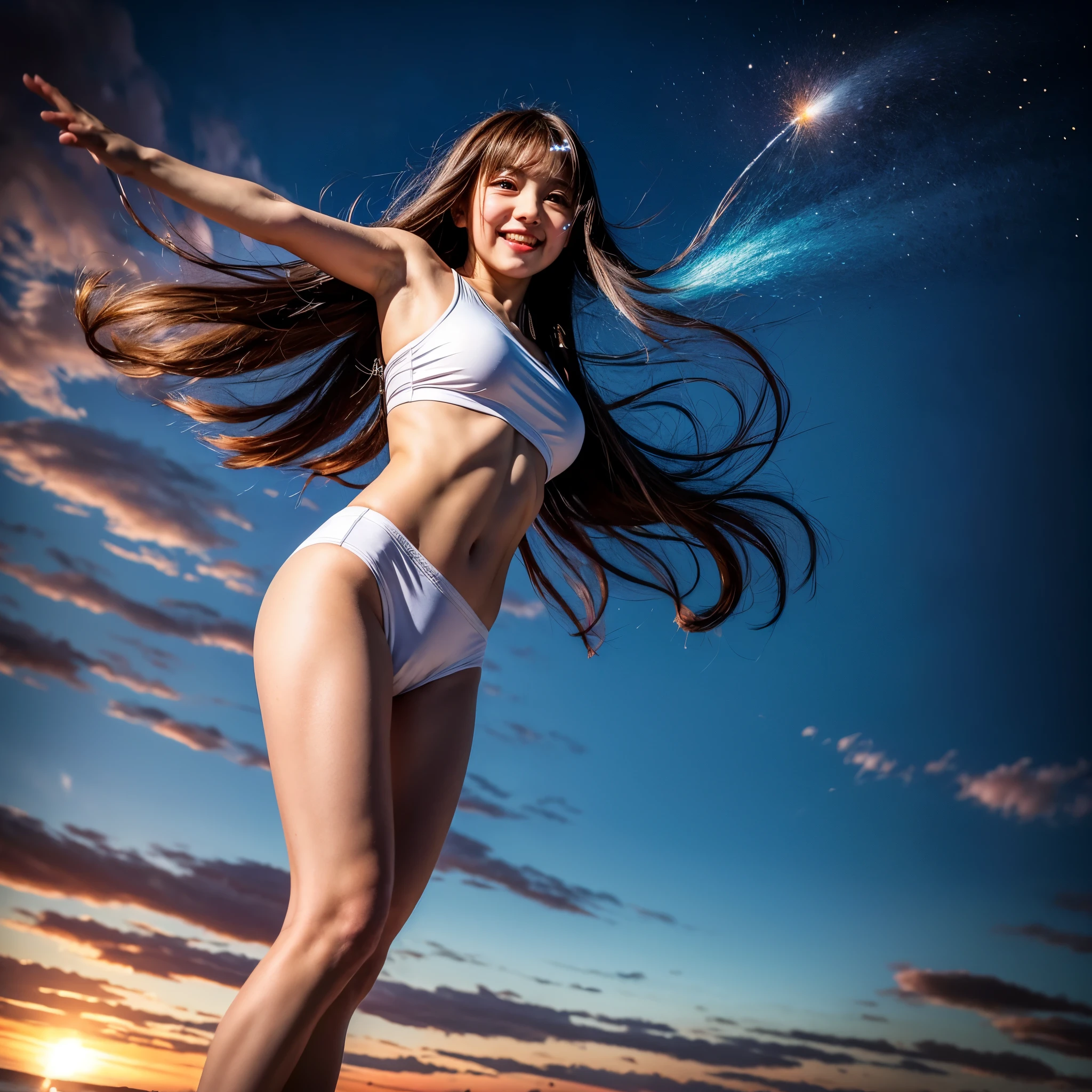 ((ExtremelyDetailed ( KAWAII Girl Floating:1.37) in WHITE at Dusk Enoshima Beach)), (masterpiece 8K TopQuality) (ProfessionalPhoto:1.37), {(Standing Full Body:1.2)|(from below:1.2)}, Different types of hair colors, {(White skinny(School Swimwear))|(SchoolUniform) with Tiny AthleticShorts}, {Detailed Childish hand|Hidden hand|Armpit|Different types of breasts|(Clearly Visible the shape of Butt)}, Joyful Expressions LifeLike Rendering, PerfectLighting, Dazzling Horizon {Colorful Clouds | Starry IridescentParticles} VolumetricLighting (Acutance:0.8)