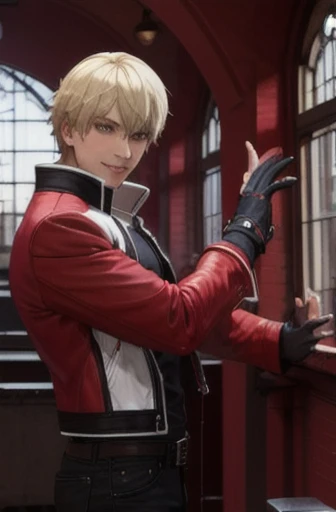 RockHoward,  red jacket, black shirt, shoes, fingerless gloves, black pants, belt,
beautiful, masterpiece, best quality, 1boy, train station, from side, smile