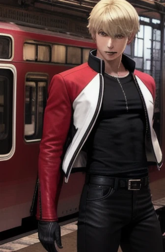 RockHoward,  red jacket, black shirt, shoes, fingerless gloves, black pants, belt,
beautiful, masterpiece, best quality, 1boy, train station, from side, smile