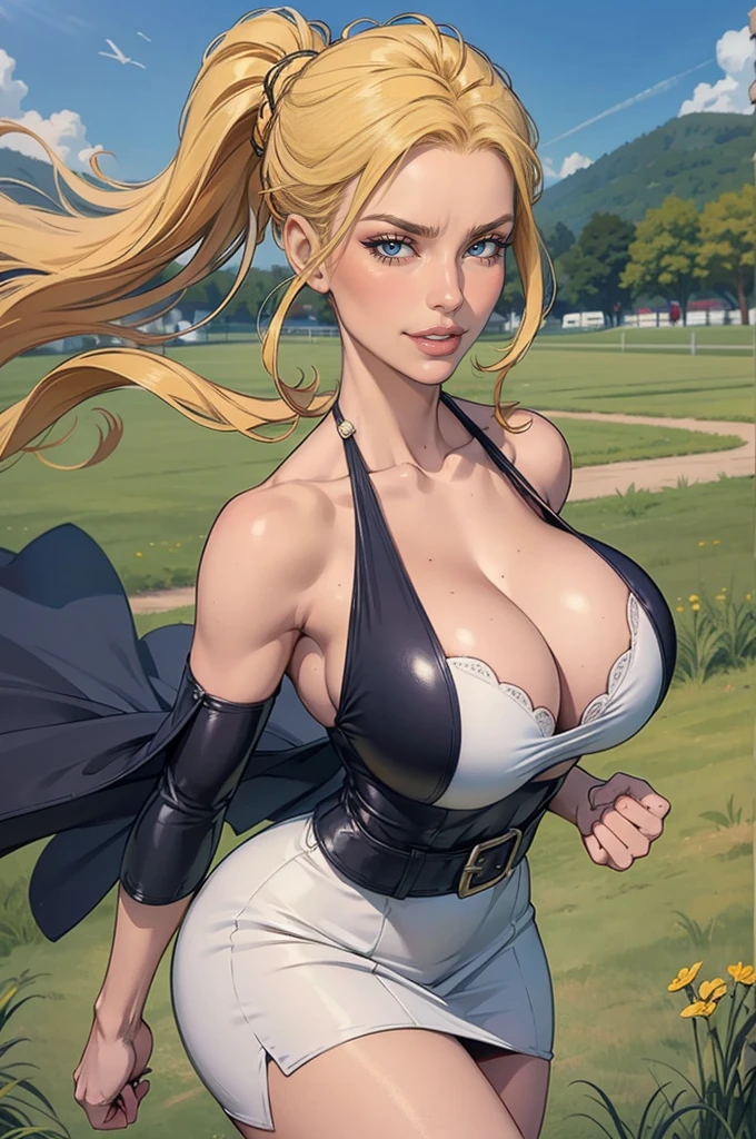 photorealistic,realistic, solo, photorealistic, best quality, ultra high res, 1girl,, , blonde hair in a ponytail, (big boobs), wearing a small sundress( in leather), breeze blowing through the grass,, , 1girl, ((Middle Ages)), ((viking)), beautiful, masterpiece, best quality, extremely detailed face, perfect lighting, 1girl, solo,, , best quality, ultra high res, photorealistic,, ultra detailed,, masterpiece, best quality, , nancy1, large breasts, cleavage,, breast curtains, ,