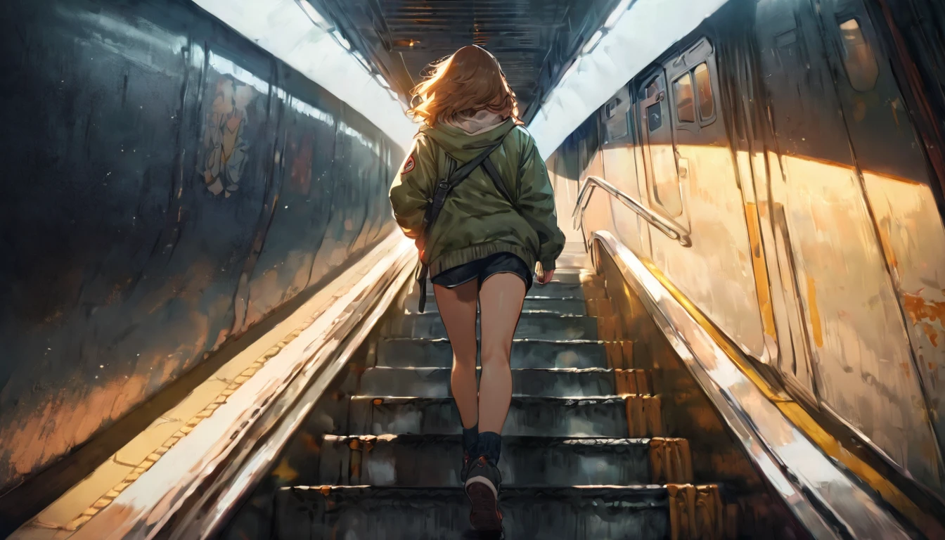 anime art style,amazing quality,masterpiece,best quality,awesome,inspiring,cinematic composition,soft shadows,Film grain,shallow depth of field,highly detailed,high budget,cinemascope,epic,color graded cinematic,atmospheric lighting,imperfections,natural,shallow dof, masterpiece,best quality,ultra detailed,(1girl:1.2),girl walking down subway stairs, back angle shot, high angle shot, dramatic lighting,female focus, centered, photoreal painting background