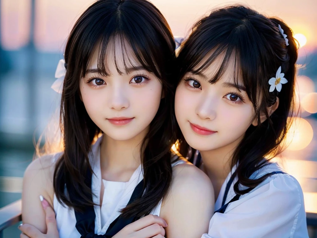 Two beautiful girls,Cheek to cheek,(8K, RAW Photos, Highest quality, masterpiece:1.2), Super detailed, Ultra-high resolution, (Realistic, photo Realistic:1.37), High-definition RAW color photos, Professional photos, Depth of written boundary, Detailed lips、Beautiful, shining lips, Detailed face、Very delicate and beautiful, Very detailed, In detail, Large file size, Very detailed skin, Very detailed clothing, Two Girls, (18-year-old:1.2), Ten generations, Cute girl,Sailor suit, Famous Japanese Idols, Black Hair, (Long Hair:1.2), (Wavy Hair:1.2), (Blunt bangs:1.2), young, Cute face, Baby Face, Realistic face, Beautiful and detailed eyes, Droopy eyes, Big black eyes, Beautiful and clear eyes,Scattered beneath the surface,(blush:0.5), Detailed skin texture, (race:1.2), (Black bow tie:1.1), (Hair Ribbon:1.2), Facing forward, Highest quality,masterpiece:1.3,Ultra-high resolution),(Very detailed,Caustics,8K),(Realistic:1.4,RAW shooting),I'm looking at the camera with a smile on my face,Collarbone Bare Skin,Shoulder Bare Skin,(Face Focus:1.1),(Face close-up:1.1),Sunset,Natural light