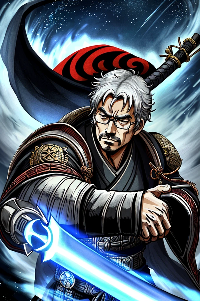 Highest quality，High resolution， ((Emperor Hirohito)) ，Japanese emperor，Kenshiro，Fist of the North Star，samurai，One person，warrior，（black_coat），retro round glasses，Round Glasses，kimono，male，One personで，Middle Age，Swordsman，strongest，Anime Style，（Night Sky_background），(Limbs)，(Full Finger)，(Accurate fingertips), (The finer details), (Super detailed)，(Japanese sword:)，4K，(high resolution)，whole body, (Front angle), Looking at the camera,masterpiece，(Subtle details)，(Intricate details)，Octane Rendering，(Hyper Detail)，