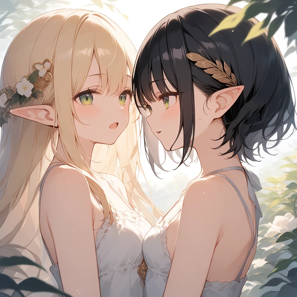 score_9, score_8_up, score_7_up, source_anime, best quality, masterpiece, official art, absurdres, highres, ultra-detailed,waifu2x,Collection: Slice of Life,break,1girl, elf, cool, short hair, slender, androgynous, small breasts, beautiful detailed eyes, green shorts, sweat, open mouth, sleepily, outdoors, forest, spring,break,(clear line illustration:1.2), super detailed skin,very high resolution, very aesthetic, Best sexual lighting powered by famous artist, 8k,cute picture,beauty illustration,photoshop_(medium),,(Detailed Lighting),best anime 8k konachan wallpaper, pixiv contest winner,