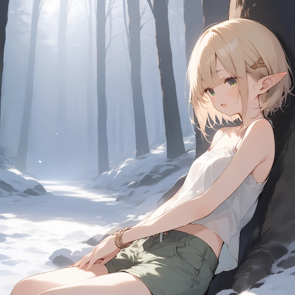 score_9, score_8_up, score_7_up, source_anime, best quality, masterpiece, official art, absurdres, highres, ultra-detailed,waifu2x,Collection: Slice of Life,break,1girl, elf, cool, short hair, slender, androgynous, small breasts, beautiful detailed eyes, green shorts, sweat, open mouth, sleepily, outdoors, forest, spring,break,(clear line illustration:1.2), super detailed skin,very high resolution, very aesthetic, Best sexual lighting powered by famous artist, 8k,cute picture,beauty illustration,photoshop_(medium),,(Detailed Lighting),best anime 8k konachan wallpaper, pixiv contest winner,