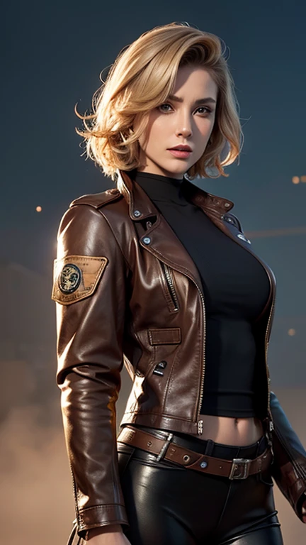 steampunk of a beautiful attractive woman wavy short blond hair in leather pilot suit, over size leather jacket, mist, steampunk biplane background, beautiful breast ,medium long shot ,elegance pose, cinematic light, hyper realistic