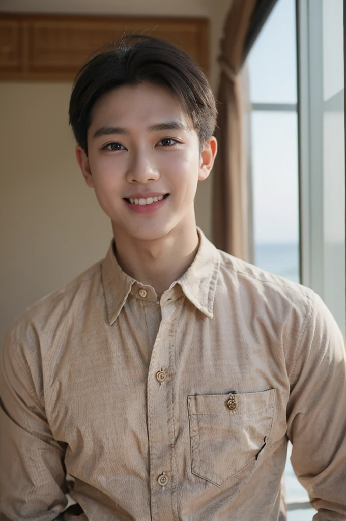 ((Highest quality, 8K, Masterpiece: 1.3))、Thailand Laos Burma Asia, Thai man, A handsome Asian rugby player with short hair, a muscular beard, and big muscles., 1A man who has、 yo、Good appearance、Beautiful nose、smile、 Detailed eyes and face、beautiful light、(studio)、high resolution、(Look at the viewer.)、Fine mouth、smile、whole body: 1.5, perfect shape: 1.3, looking at camera ,Gray button-down shirt , bedroom sunlight looking at the sea