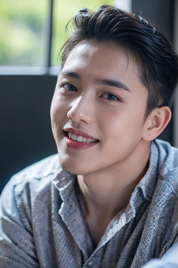 ((Highest quality, 8K, Masterpiece: 1.3))、Thailand Laos Burma Asia, Thai man, A handsome Asian rugby player with short hair, a muscular beard, and big muscles., １A man who has、 yo、Good appearance、Beautiful nose、smile、 Detailed eyes and face、beautiful light、(studio)、high resolution、（Look at the viewer.）、Fine mouth、smile、whole body: 1.5, perfect shape: 1.3, looking at camera ,Gray button-down shirt , bedroom sunlight looking at the sea