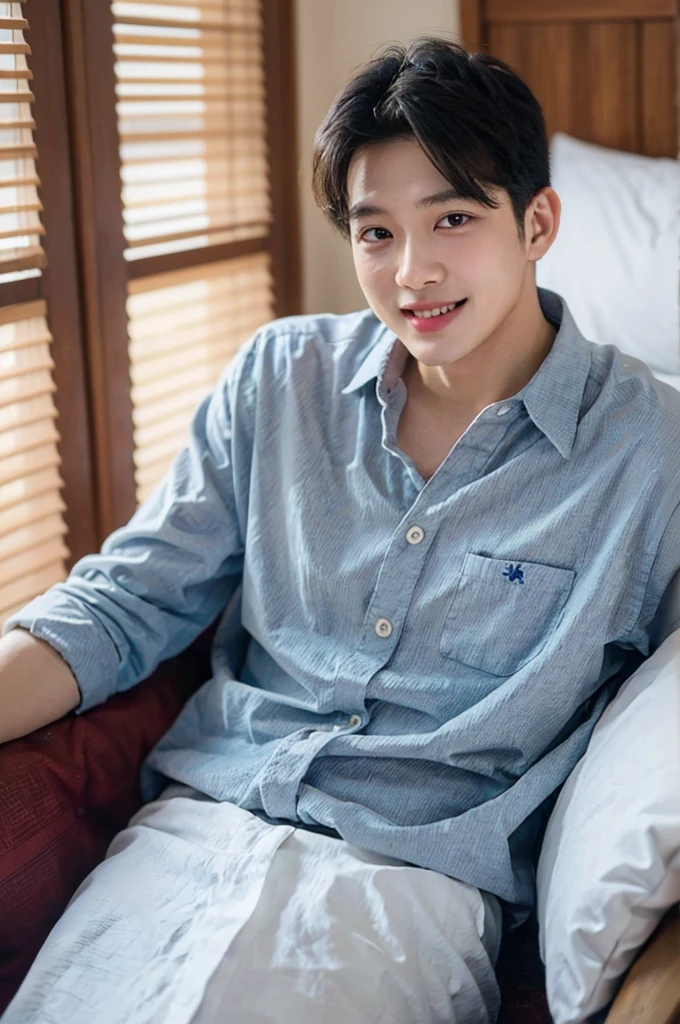 Male wolf ears, shy face, wearing this pajamas, lazing on the bed, turning his body, and a rabbit ear next to him, looking at this male rabbit looking at each other