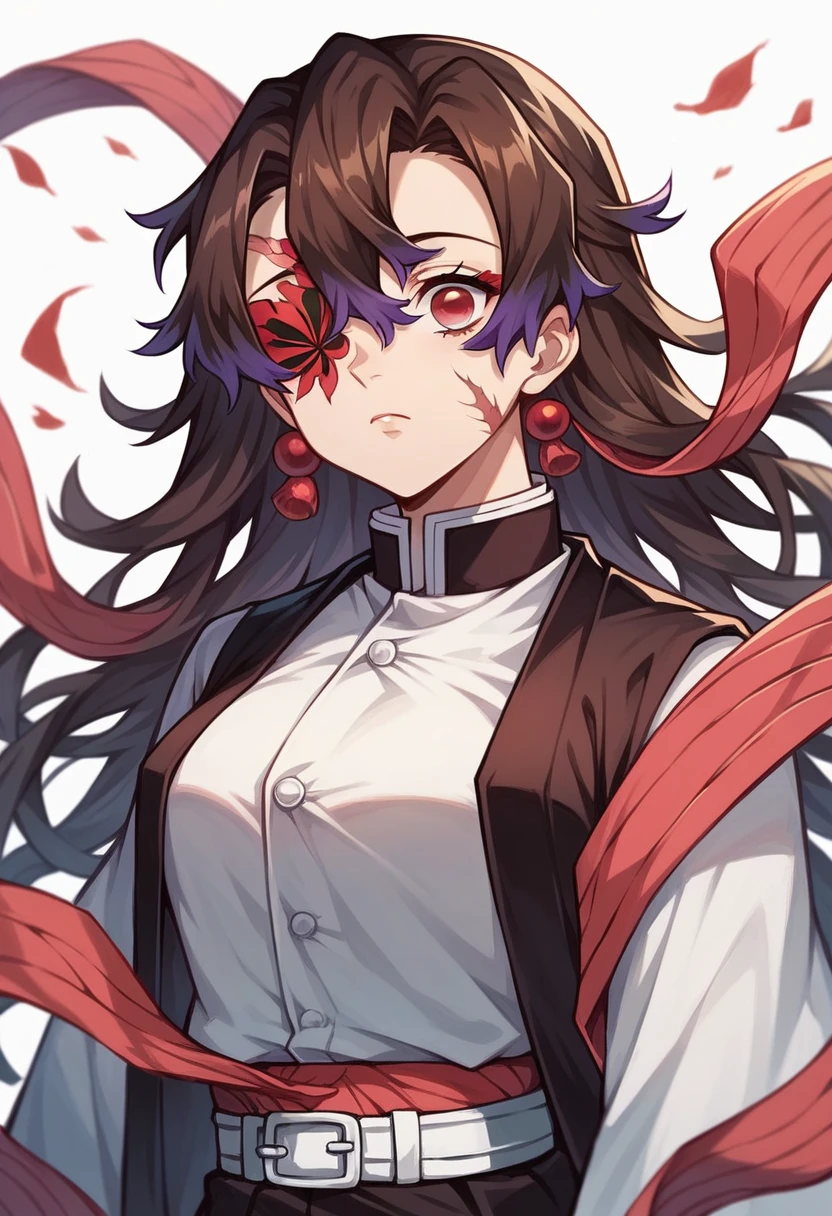Captura de pantalla de Kimetsu No Yaiba, girl with short reddish purple hair, right eye covered by hair, clothes the same as that of the animated character rengoku, Red eyes, 