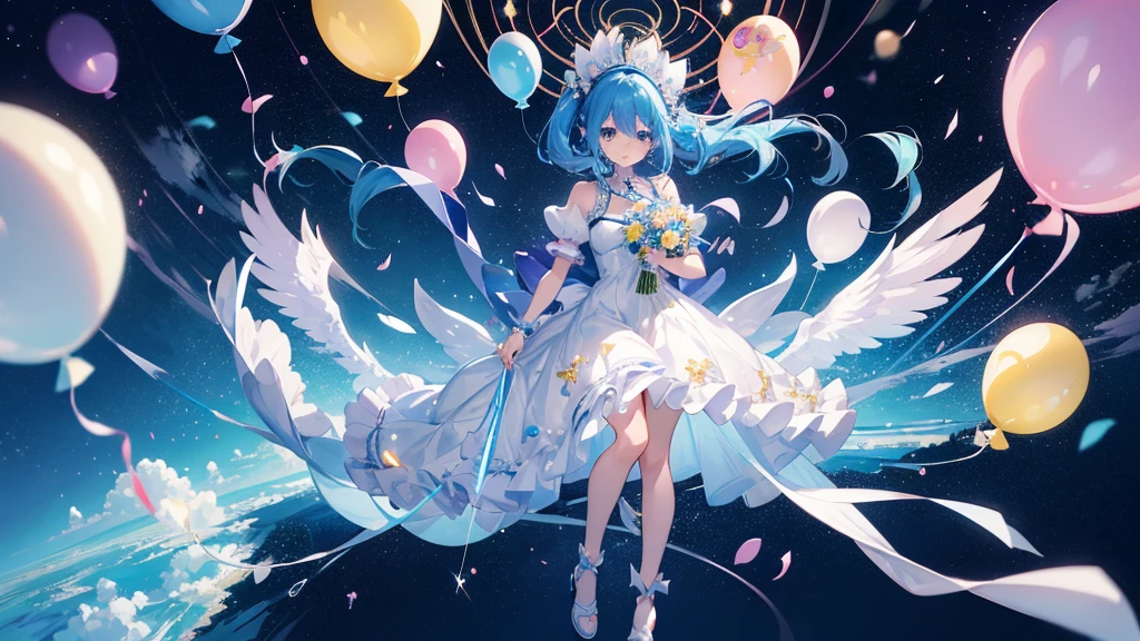 Anime girl with blue hair and a white dress holding a bunch of balloons, sparkling Magical girl, Magical girl, style of Magical girl, portrait of Magical girl, Splash art anime , !!Full body portrait!!, digital art on Pixiv, by Kamaguruka, Pixiv style, Highly detailed official artwork, Dreamy psychedelic anime, Pixiv contest winner, Pixiv