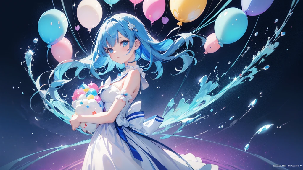 Anime girl with blue hair and a white dress holding a bunch of balloons, sparkling Magical girl, Magical girl, style of Magical girl, portrait of Magical girl, Splash art anime , !!Full body portrait!!, digital art on Pixiv, by Kamaguruka, Pixiv style, Highly detailed official artwork, Dreamy psychedelic anime, Pixiv contest winner, Pixiv