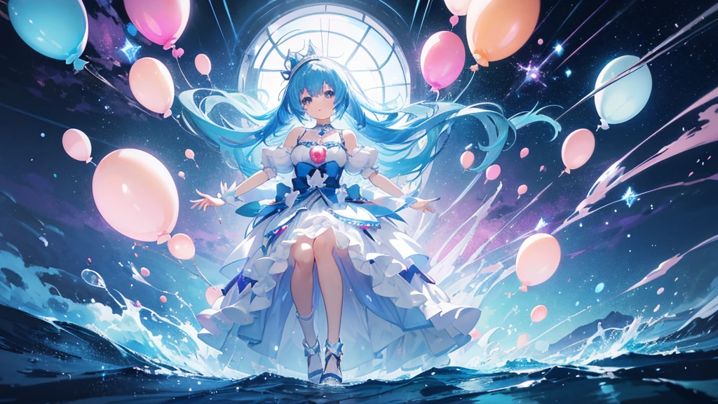 Anime girl with blue hair and a white dress holding a bunch of balloons, sparkling Magical girl, Magical girl, style of Magical girl, portrait of Magical girl, Splash art anime , !!Full body portrait!!, digital art on Pixiv, by Kamaguruka, Pixiv style, Highly detailed official artwork, Dreamy psychedelic anime, Pixiv contest winner, Pixiv