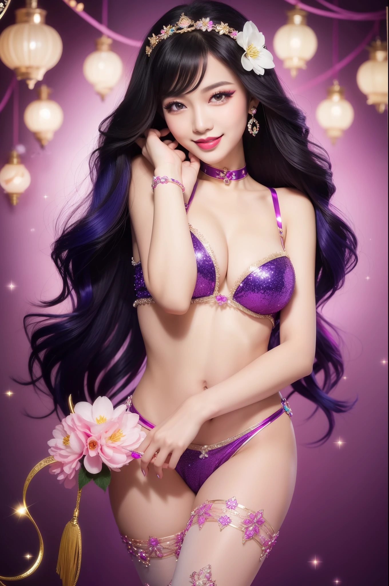 sexy Thai model who controls poison、beautiful smile、lip-gloss、bold lipstick、long lashes、ultra detailed makeup、look at the camera、full body Esbian、、sparkling poisoned flower costume、、、、sparkling Colorful hair、secrete poison、skull hair accessories、sexy tights、shiny sparkling flowers background