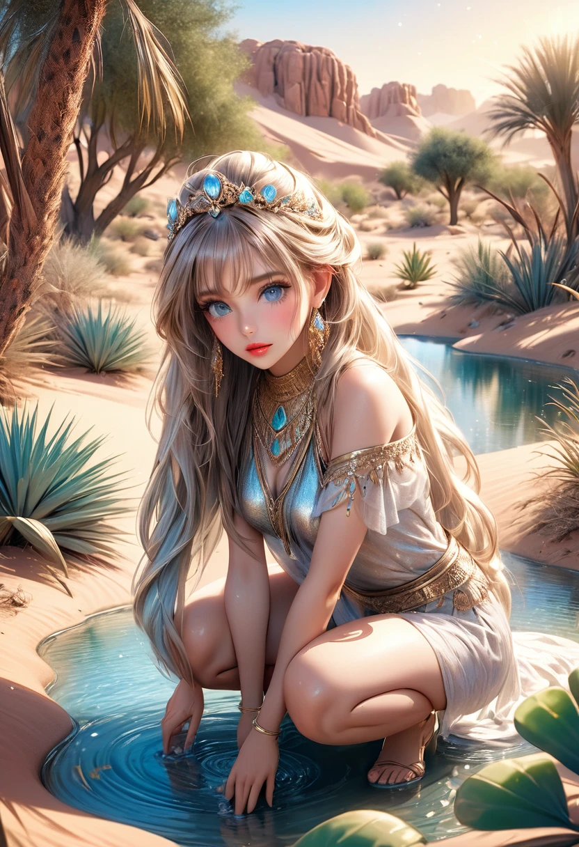 a cute desert princess, squatting down and washing hair in a small oasis in the desert, desert creatures watching around her, detailed face, beautiful eyes, long eyelashes, detailed lips, intricate jewelry, flowing hair, shimmering water, lush desert foliage, warm desert lighting, desert and oasis landscape back ground, soft pastel colors, cinematic composition, photorealistic, 8k, high quality, digital art