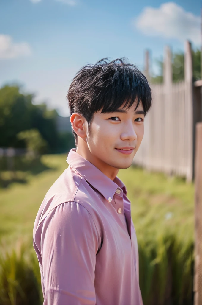 ((Highest quality, 8K, Masterpiece: 1.3))、Thailand Laos Burma Asia, Thai man, A handsome Asian rugby player with short hair, a muscular beard, and big muscles., １A man who has、 yo、Good appearance、Beautiful nose、smile、 Detailed eyes and face、beautiful light、(studio)、high resolution、（Look at the viewer.）、Fine mouth、smile、whole body: 1.5, perfect shape: 1.3, looking at camera ,Pink button-up shirt, bedroom sunlight looking at the field