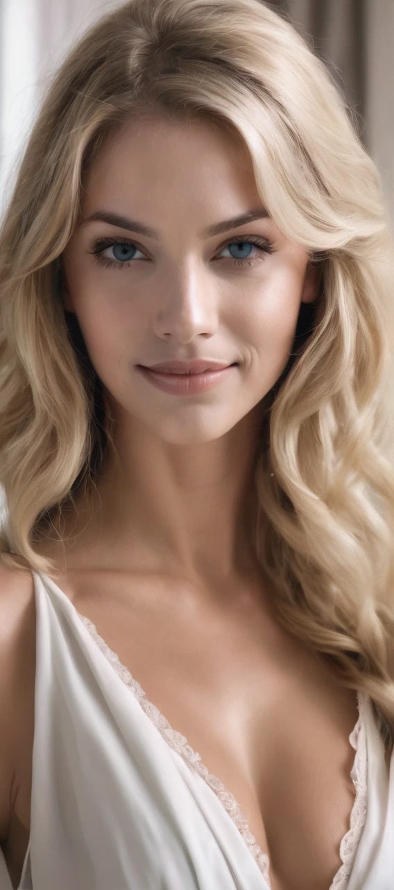 1 belle femelle, Corps glamour, Les cheveux long, cheveux blond claire, peau lisse, yeux bleus, sourire, séductrice, Maquillage, Lèvres beiges, maquillage des yeux épais, ((lingerie)),réaliste, super réaliste 8K, super détaillé et réaliste, Des poses audacieuses, gros cul, gros seins. Pose devant le miroir de chambre.