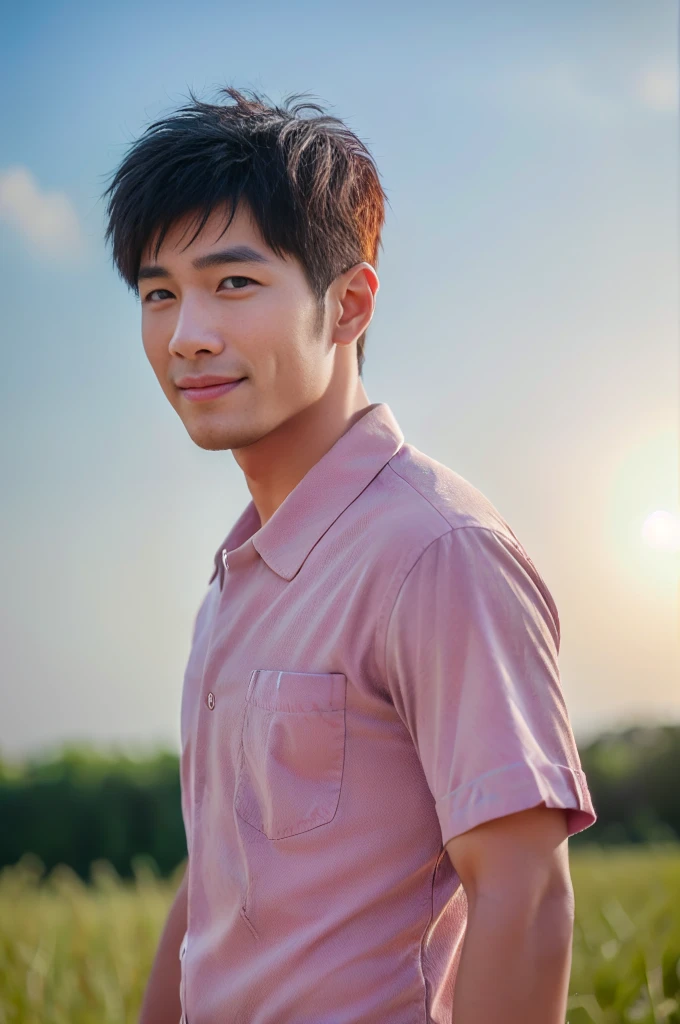 ((Highest quality, 8K, Masterpiece: 1.3))、Thailand Laos Burma Asia, Thai man, A handsome Asian rugby player with short hair, a muscular beard, and big muscles., 1A man who has、 yo、Good appearance、Beautiful nose、smile、 Detailed eyes and face、beautiful light、(studio)、high resolution、(Look at the viewer.)、Fine mouth、smile、whole body: 1.5, perfect shape: 1.3, looking at camera ,Gray and red button-up shirt., ((field)), sunlight looking at the field