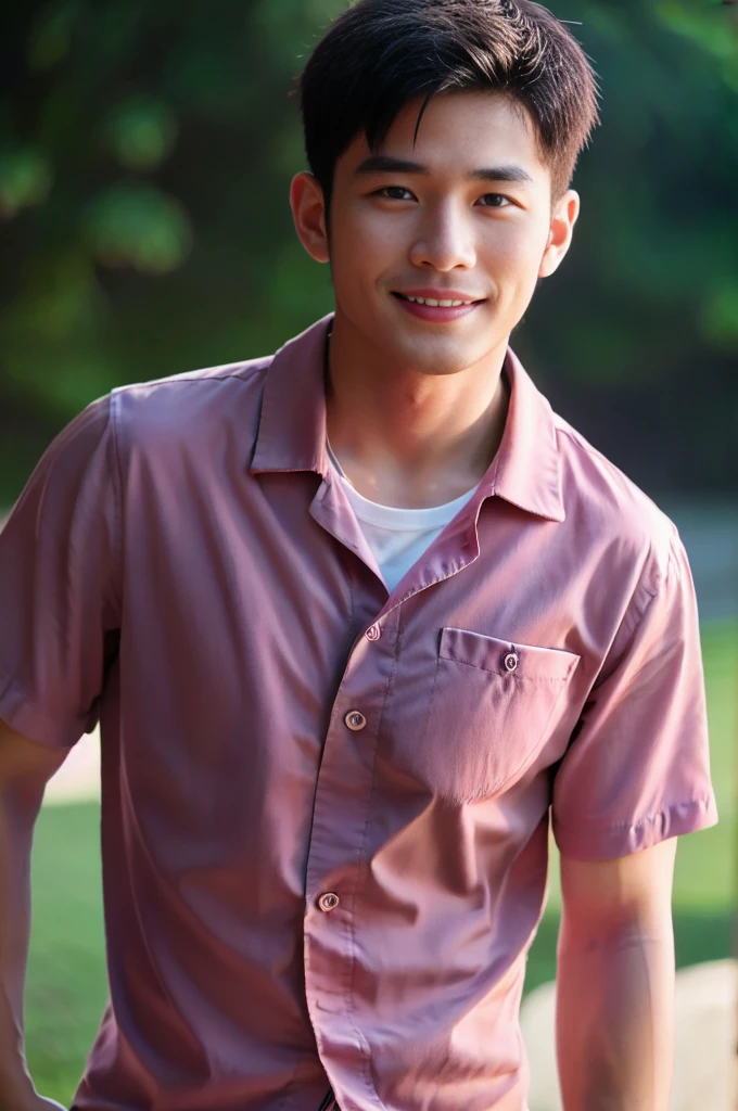 ((Highest quality, 8K, Masterpiece: 1.3))、Thailand Laos Burma Asia, Thai man, A handsome Asian rugby player with short hair, a muscular beard, and big muscles., １A man who has、 yo、Good appearance、Beautiful nose、smile、 Detailed eyes and face、beautiful light、(studio)、high resolution、（Look at the viewer.）、Fine mouth、smile、whole body: 1.5, perfect shape: 1.3, looking at camera ,Pink button-up shirt, bedroom sunlight looking at the field