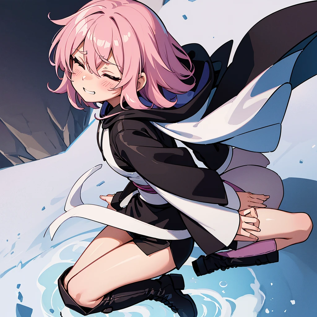 ((((Chibi Character))))、(whole body)、(Back view、front、From the side、From above)、(((Wearing a black hood)))、Best illustrations、Best Quality、(23 years old)、(The same face:1.1),Medieval Fantasy、Magic wand,(White Background)、(Pink Hair、Very Short Hair、Align your bangs)、(((Long sleeve、Black Robe、pants、Knee-high boots)))、Fighting stance、(smile、Embarrassed、blush、Embarrassing、Close your eyes)、Sit on the ground、From above