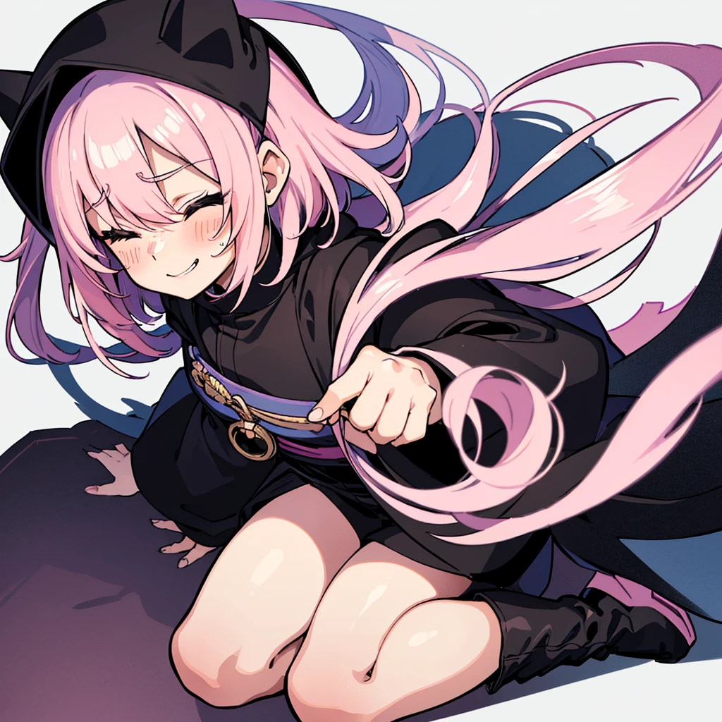 ((((Chibi Character))))、(whole body)、(Back view、front、From the side、From above)、(((Wearing a black hood)))、Best illustrations、Best Quality、(23 years old)、(The same face:1.1),Medieval Fantasy、Magic wand,(White Background)、(Pink Hair、Very Short Hair、Align your bangs)、(((Long sleeve、Black Robe、pants、Knee-high boots)))、Fighting stance、(smile、Embarrassed、blush、Embarrassing、Close your eyes)、Sit on the ground、From above