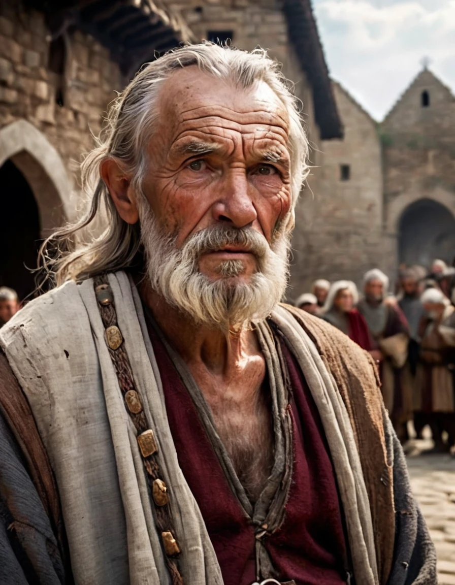 cinematic portrait, torso, face, face facing the audience, (Reality :1.3), One of the most beautiful works of art in the world, Old guy looking at the camera, Medieval costumes, (Old clothes are damaged and worn out; :1.4 ), wrinkled face, with beard, gray hair, action shot, Prehistory of ancient city, realistic photos, computer graphics, art station