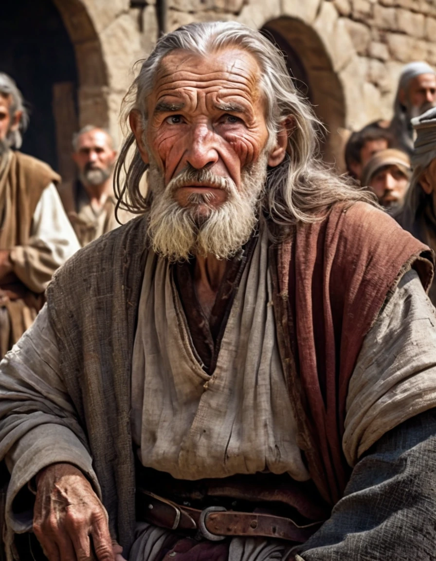 cinematic portrait, torso, face, face facing the audience, (Reality :1.3), One of the most beautiful works of art in the world, Old guy looking at the camera, Medieval costumes, (Old clothes are damaged and worn out; :1.4 ), wrinkled face, with beard, gray hair, action shot, Prehistory of ancient city, realistic photos, computer graphics, art station