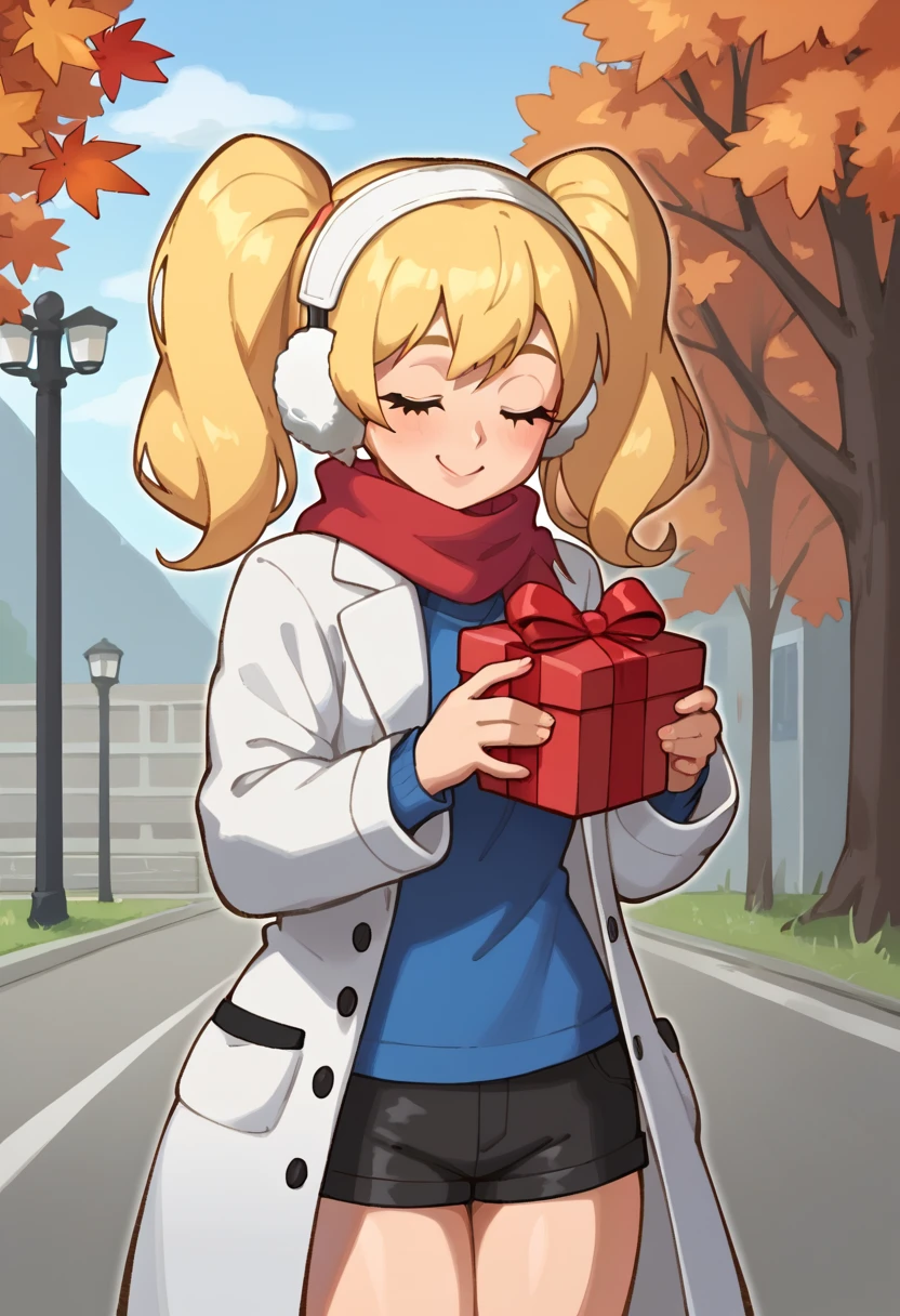 score_9, score_8_up, score_7_up, score_6_up, source_anime, BREAK 1girl, palEle, blonde hair, earmuffs, twintails, red scarf, white coat, blue shirt, black shorts, holding gift box, closed eyes, happy, autumn, street