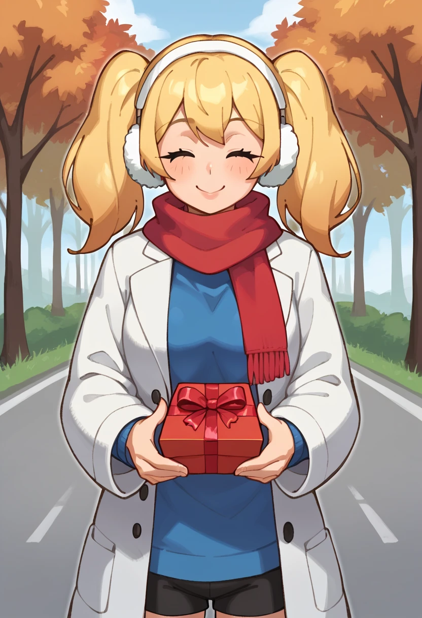 score_9, score_8_up, score_7_up, score_6_up, source_anime, BREAK 1girl, palEle, blonde hair, earmuffs, twintails, red scarf, white coat, blue shirt, black shorts, holding gift box, closed eyes, happy, autumn, street