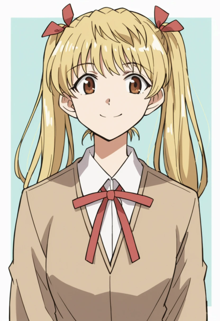 solo,1 girl,long hair ,blonde hair，portrait,twintail,sawachika eri, twintails, long hair, blonde hair, brown eyes, hair ribbon,smile, hair ribbon,school uniform, red pleated skirt,eri,fullbody