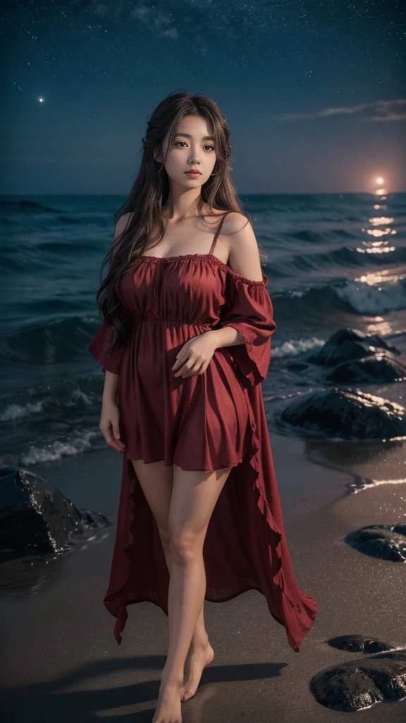 full hd 8k, Girl standing in front of a dark night scene, full moonlight reflecting on her beautiful face. Her long, silky hair was gently blown by the night wind, creating a gentle and romantic feeling. She is walking on a large beach. She looked up at the starry sky, as if searching for something, her eyes showing a pensive and lonely look. The full moon shines in the night sky creating a beautiful scene. The girl has long, strands of hair, a luxurious and noble beauty. The moonlight shines on the girl's delicate face, highlighting her large, round light brown eyes, creating a natural, gentle beauty. She wore a mini red nightgown to create a sexy beauty. These images capture detailed panoramic portraits and views of the sky and sea. All create a beautiful, wonderful picture that makes people unable to take their eyes off the scene. All of these details are depicted clearly and sharply,