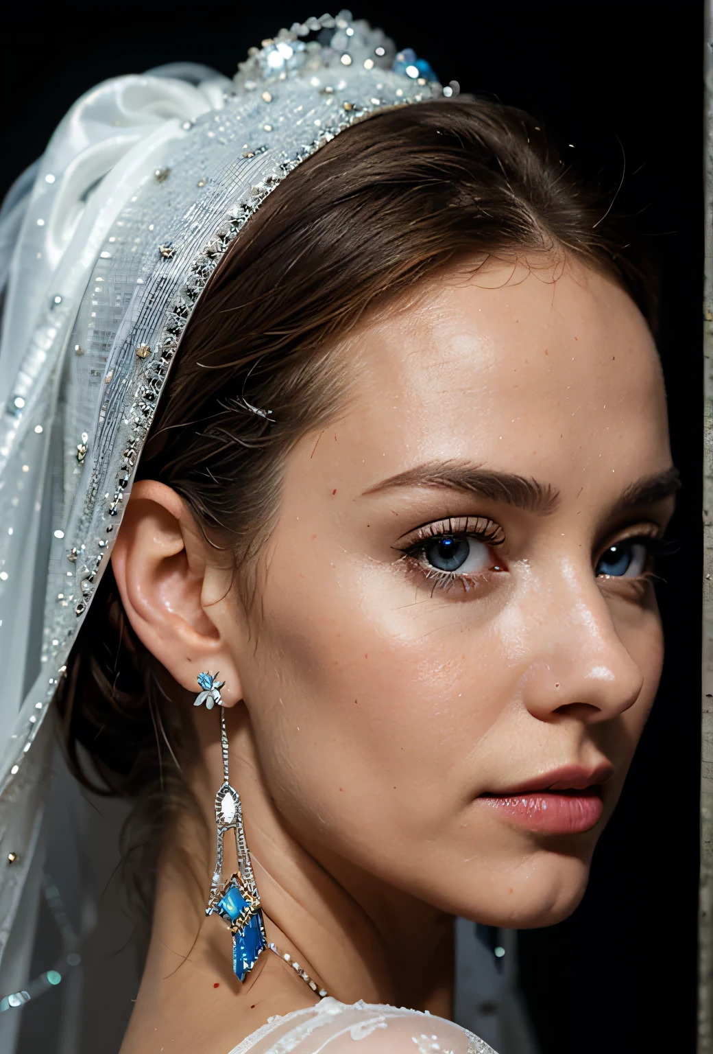 (masterpiece, Best quality), complex parts, realist, photorealist, a close up of a woman wearing Aretes, inspired by Emma Andijewska, wrapped in crystals, Color: Silver, long Aretes, Sandra Chevye, huge Aretes, 2019, Blue eyed, Platinum jewelry, Arete, Impeccable structure, silver Arete,