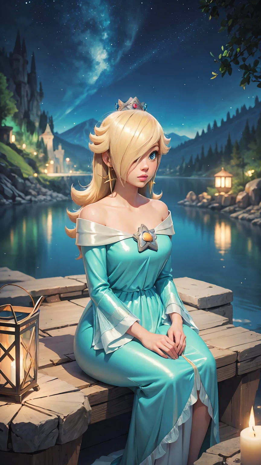 1 girl blonde Rosalina, wearing long blue greek dress, disney animation style, 2D, best quality, digital art, in greek mount olympus, sitting by the lake at night, wondering expression, contemplative mind