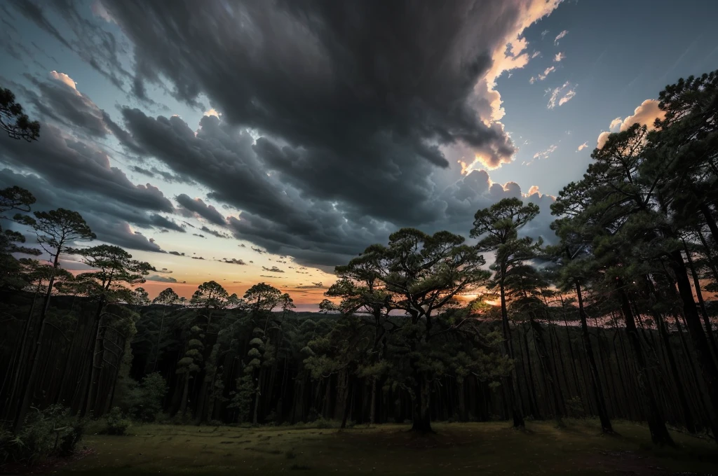 (((Masterpiece))), (high quality), In the forest at dusk。Black clouds cover the sky。There are large trees all around、I look up at it with a tilted gaze.。Realistic。