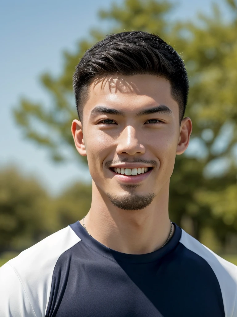 Tony Labrusca, (As a matter of fact, Masterpiece, 8k HD, good light quality, sportswear, fit the face, complicated details), A handsome, muscular young Korean man. , 20 years old, be happy, smile brightly, detailed face, delicate eyes, มองดูsky, Wear a navy tight T-shirt.:1.6, period, black eyes, Black hair color, ผมsmooth, smooth, outdoor sports, Along the garden, Sunny,sky,Surreal,Awesome details,Highest quality,real,Open your mouth to talk. , Close your eyes.