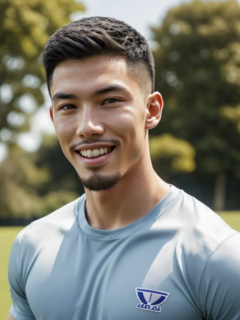 Tony Labrusca, (As a matter of fact, Masterpiece, 8k HD, good light quality, sportswear, fit the face, complicated details), A handsome, muscular young Korean man. , 20 years old, be happy, smile brightly, detailed face, delicate eyes, มองดูsky, Wear a navy tight T-shirt.:1.6, period, black eyes, Black hair color, ผมsmooth, smooth, outdoor sports, Along the garden, Sunny,sky，Surreal，Awesome details，Highest quality，real，Open your mouth to talk. , Close your eyes.